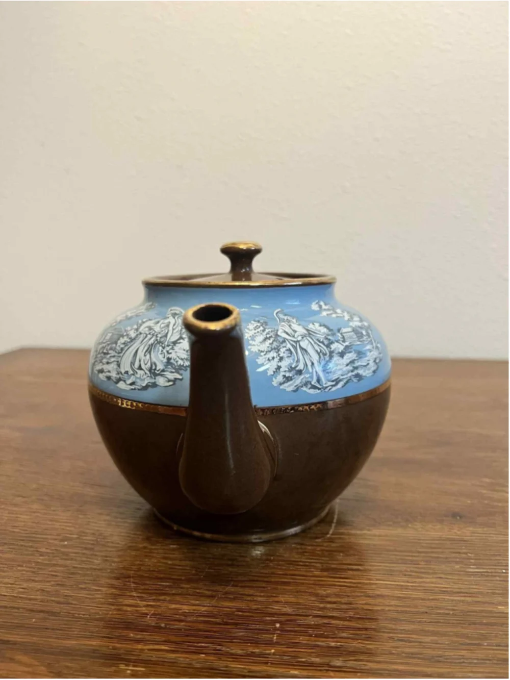 Vintage Blue & Brown Ceramic Teapot Gilt Trim Classical Scene Band Handwritten